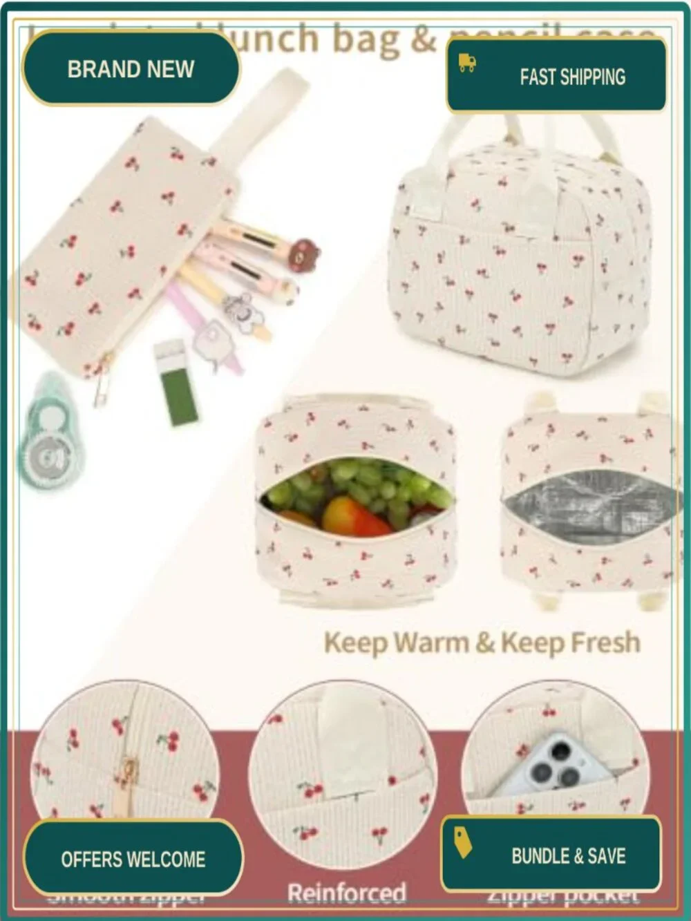 Corduroy 3-in-1 School Backpack Set with Lunch Box and Pencil Case, Lightweight